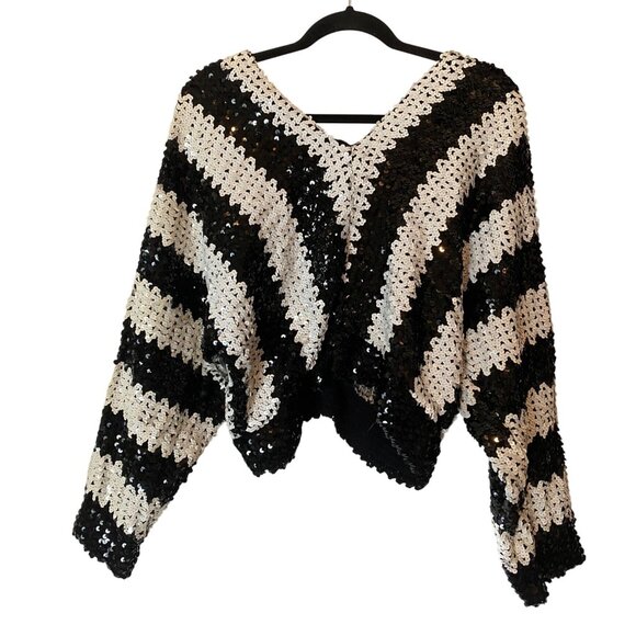 Vintage Sequined Black & White Striped Sweater V-Neck Medium - Picture 2 of 8